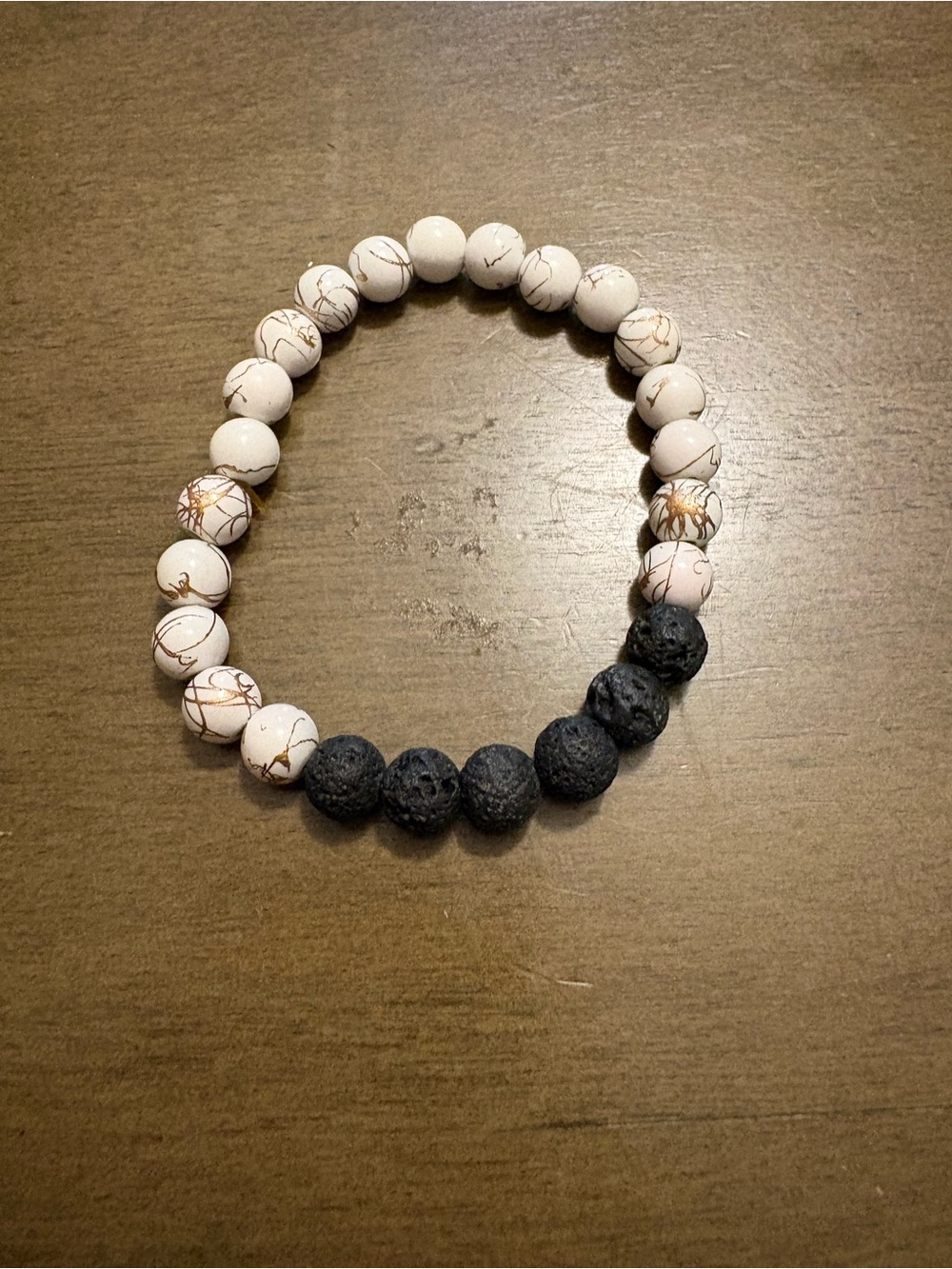 Beaded White Marble & Black Lava Stretch Bracelet